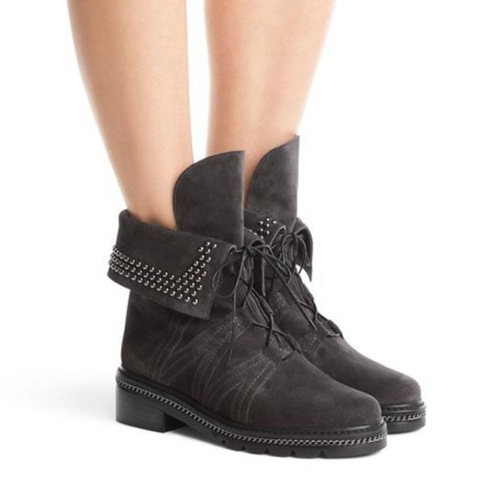 Stuart Weitzman Yadastud Suede Studded Combat Boots grey/brown